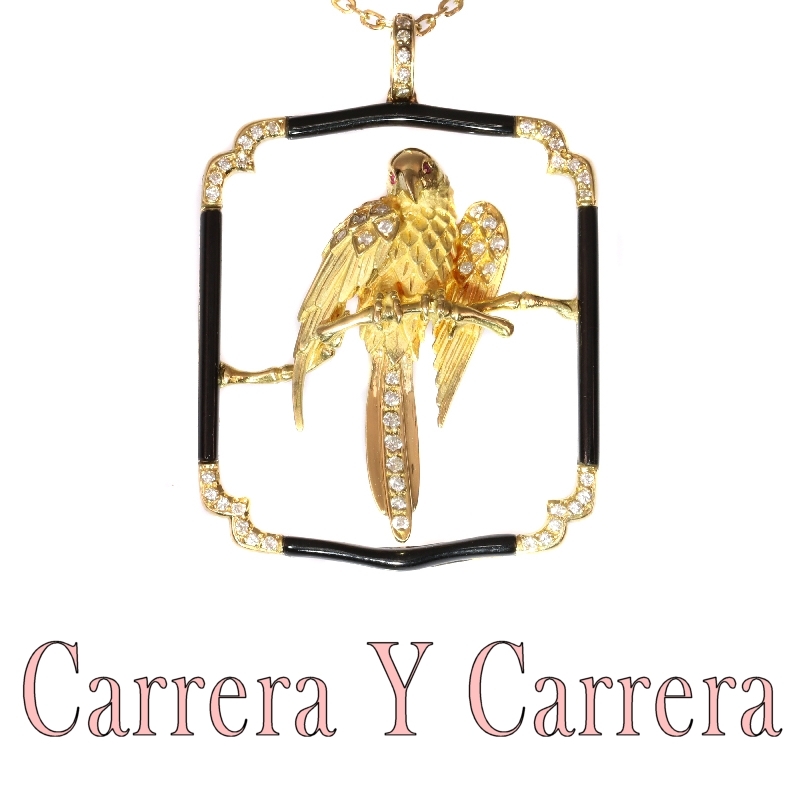 Signed Carrera Y Carrera Vintage gold diamond onyx parrot pendant necklace